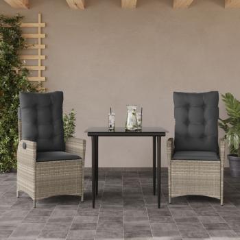 ARDEBO.de - 3-tlg. Garten-Essgruppe mit Kissen Hellgrau Poly Rattan