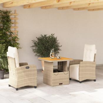 ARDEBO.de - 3-tlg. Garten-Essgruppe mit Kissen Beige Poly Rattan