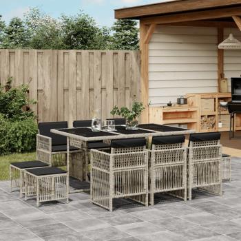 ARDEBO.de - 11-tlg. Garten-Essgruppe mit Kissen Hellgrau Poly Rattan