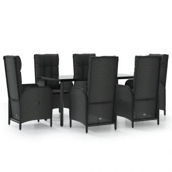 7-tlg. Garten-Essgruppe mit Kissen Schwarz Poly Rattan