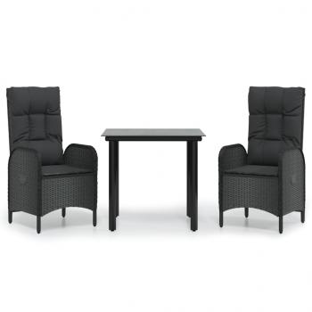 ARDEBO.de - 3-tlg. Garten-Essgruppe mit Kissen Schwarz Poly Rattan