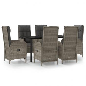 7-tlg. Garten-Essgruppe mit Kissen Schwarz und Grau Poly Rattan