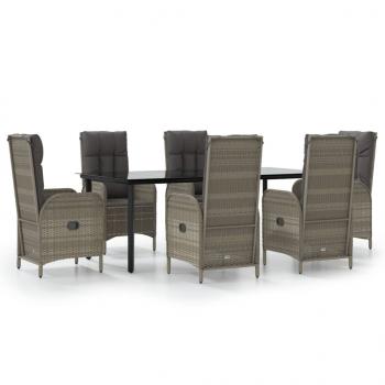 7-tlg. Garten-Essgruppe mit Kissen Schwarz und Grau Poly Rattan