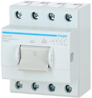 Hager SH463N Ausschalter in Kompaktbauweise, 63A, 4-polig, 4 Schließer, 400V AC, 3,5 PLE