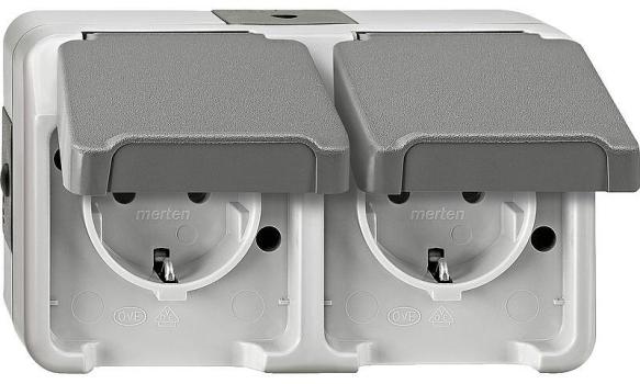 ARDEBO.de Merten SCHUKO-Doppel-Steckdose, Aquastar, 16 A, AC 250 V, waagerecht angeordnet, Berührungsschutz, lichtgrau, (MEG2320-80299