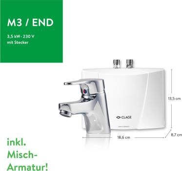 Clage M 3/END Kleindurchlauferhitzer mit Armatur, 3,5kW, drucklos, 2l/min (1500-17243)