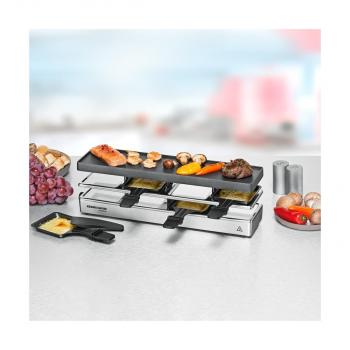 Rommelsbacher RC 800 Raclette, 730W, Grillfläche 41 x 10 cm, Antihaftbeschichtung , 4 Pfännchen, 4 Schaber, stufenlose Temperaturregelung, silber