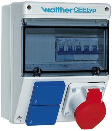 ARDEBO.de Walther Werke (6920113) Kunststoff-Steckdosenkombination in: 32A mit 3 MCB´s, einem CEE-Abgang 16A, 2 Schukos und Anschluss bis 25qmm 10P