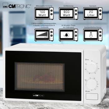 Clatronic MWG 792 Mikrowelle mit Grill, 800 Watt, 20 Liter Garraum, 30 Minuten-Timer, weiß