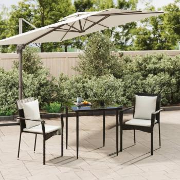 ARDEBO.de - 3-tlg. Garten-Essgruppe mit Kissen Schwarz Poly Rattan