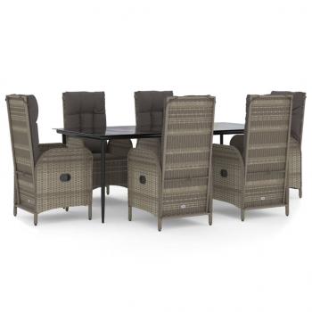 7-tlg. Garten-Essgruppe mit Kissen Schwarz und Grau Poly Rattan