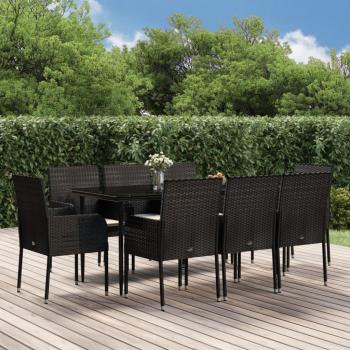 ARDEBO.de - 9-tlg. Garten-Essgruppe mit Kissen Schwarz Poly Rattan