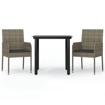 3-tlg. Garten-Essgruppe mit Kissen Schwarz und Grau Poly Rattan