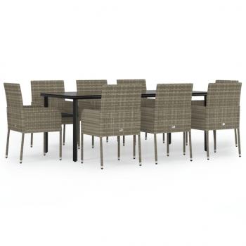 9-tlg. Garten-Essgruppe mit Kissen Schwarz und Grau Poly Rattan
