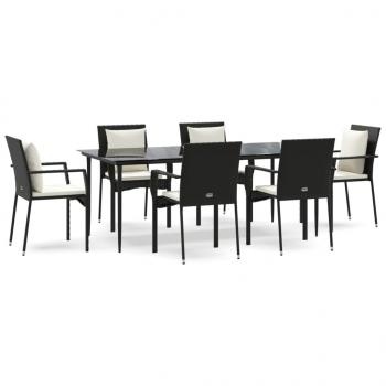 7-tlg. Garten-Essgruppe mit Kissen Schwarz Poly Rattan