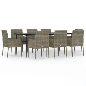 9-tlg. Garten-Essgruppe mit Kissen Schwarz und Grau Poly Rattan