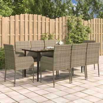 ARDEBO.de - 9-tlg. Garten-Essgruppe mit Kissen Schwarz und Grau Poly Rattan