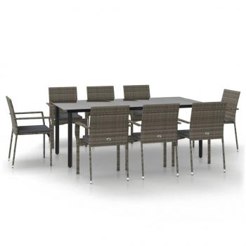9-tlg. Garten-Essgruppe mit Kissen Schwarz und Grau Poly Rattan