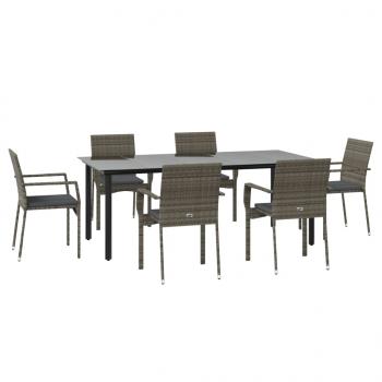 7-tlg. Garten-Essgruppe mit Kissen Schwarz und Grau Poly Rattan