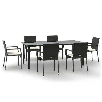 7-tlg. Garten-Essgruppe mit Kissen Schwarz Poly Rattan