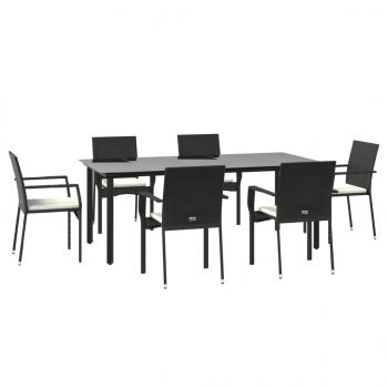 7-tlg. Garten-Essgruppe mit Kissen Schwarz Poly Rattan