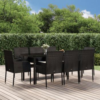 ARDEBO.de - 9-tlg. Garten-Essgruppe mit Kissen Schwarz Poly Rattan