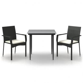 3-tlg. Garten-Essgruppe mit Kissen Schwarz Poly Rattan