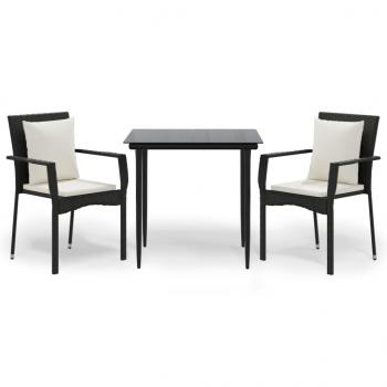 3-tlg. Garten-Essgruppe mit Kissen Schwarz Poly Rattan