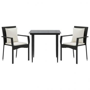 3-tlg. Garten-Essgruppe mit Kissen Schwarz Poly Rattan