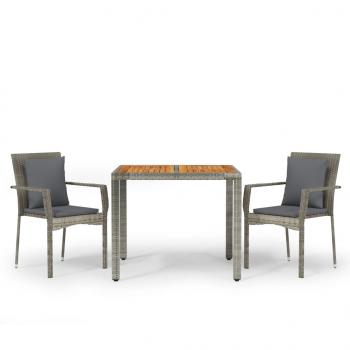 3-tlg. Garten-Essgruppe mit Kissen Grau Poly Rattan