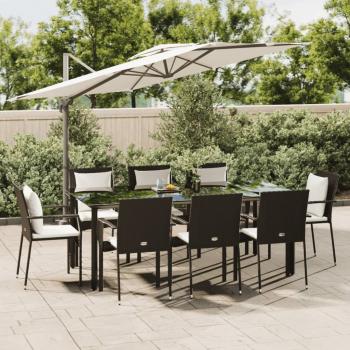 ARDEBO.de - 9-tlg. Garten-Essgruppe mit Kissen Schwarz Poly Rattan