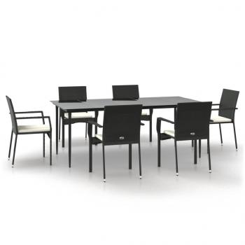7-tlg. Garten-Essgruppe mit Kissen Schwarz Poly Rattan