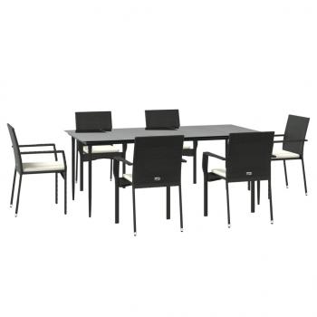 7-tlg. Garten-Essgruppe mit Kissen Schwarz Poly Rattan