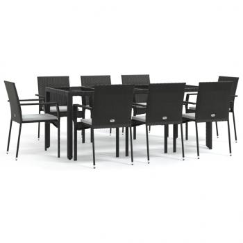 9-tlg. Garten-Essgruppe mit Kissen Schwarz Poly Rattan