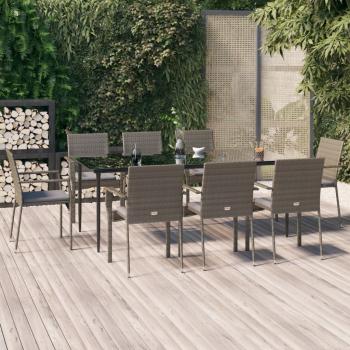 ARDEBO.de - 9-tlg. Garten-Essgruppe mit Kissen Schwarz und Grau Poly Rattan