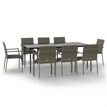 9-tlg. Garten-Essgruppe mit Kissen Schwarz und Grau Poly Rattan