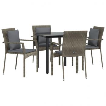 5-tlg. Garten-Essgruppe mit Kissen Schwarz und Grau Poly Rattan