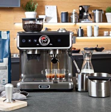 Beem Espresso Grind Profession Espresso-Siebträgermaschine, 3000 W, mit Mahlwerk, 15 bar, 2,8 L Wassertank, Entkalkungsfunktion, silber/schwarz