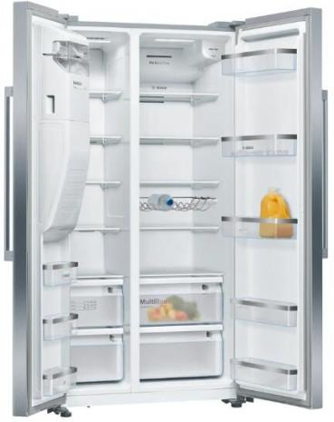 Bosch KAD93AIDP Serie 6 Stand Side-by-Side Kombination, 91 cm breit, 562 L, NoFrost, Crushed Eis, Eiswürfel, kaltes Trinkwasser, Festwasseranschluss, Gebürsteter Stahl Anti Fingerprint