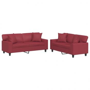 ARDEBO.de - 2-tlg. Sofagarnitur mit Kissen Weinrot Kunstleder