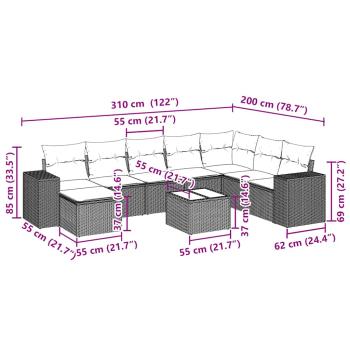 9-tlg. Garten-Sofagarnitur mit Kissen Hellgrau Poly Rattan