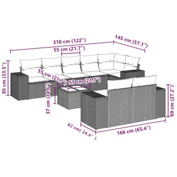 9-tlg. Garten-Sofagarnitur mit Kissen Hellgrau Poly Rattan