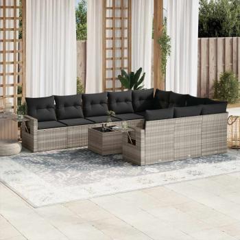 ARDEBO.de - 11-tlg. Garten-Sofagarnitur mit Kissen Hellgrau Poly Rattan