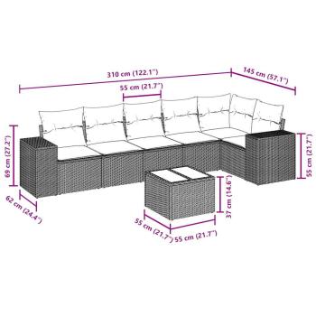 7-tlg. Garten-Sofagarnitur mit Kissen Hellgrau Poly Rattan