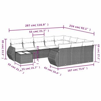 11-tlg. Garten-Sofagarnitur mit Kissen Hellgrau Poly Rattan