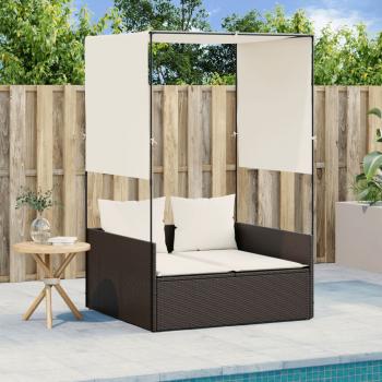 ARDEBO.de - Doppel-Sonnenliege mit Dach und Vorhängen Braun Poly Rattan