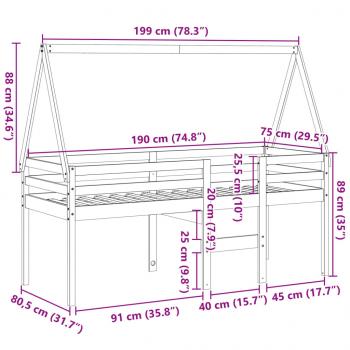 Hochbett mit Dach Wachsbraun 75x190 cm Massivholz Kiefer