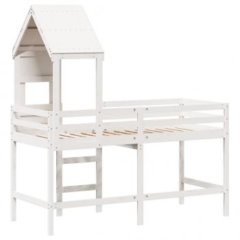 Hochbett mit Leiter und Dach Weiß 90x190 cm Massivholz Kiefer