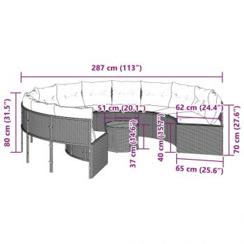 Gartensofa mit Tisch und Kissen Rund Schwarz Poly-Rattan