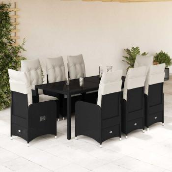 ARDEBO.de - 9-tlg. Garten-Bistro-Set mit Kissen Schwarz Poly Rattan